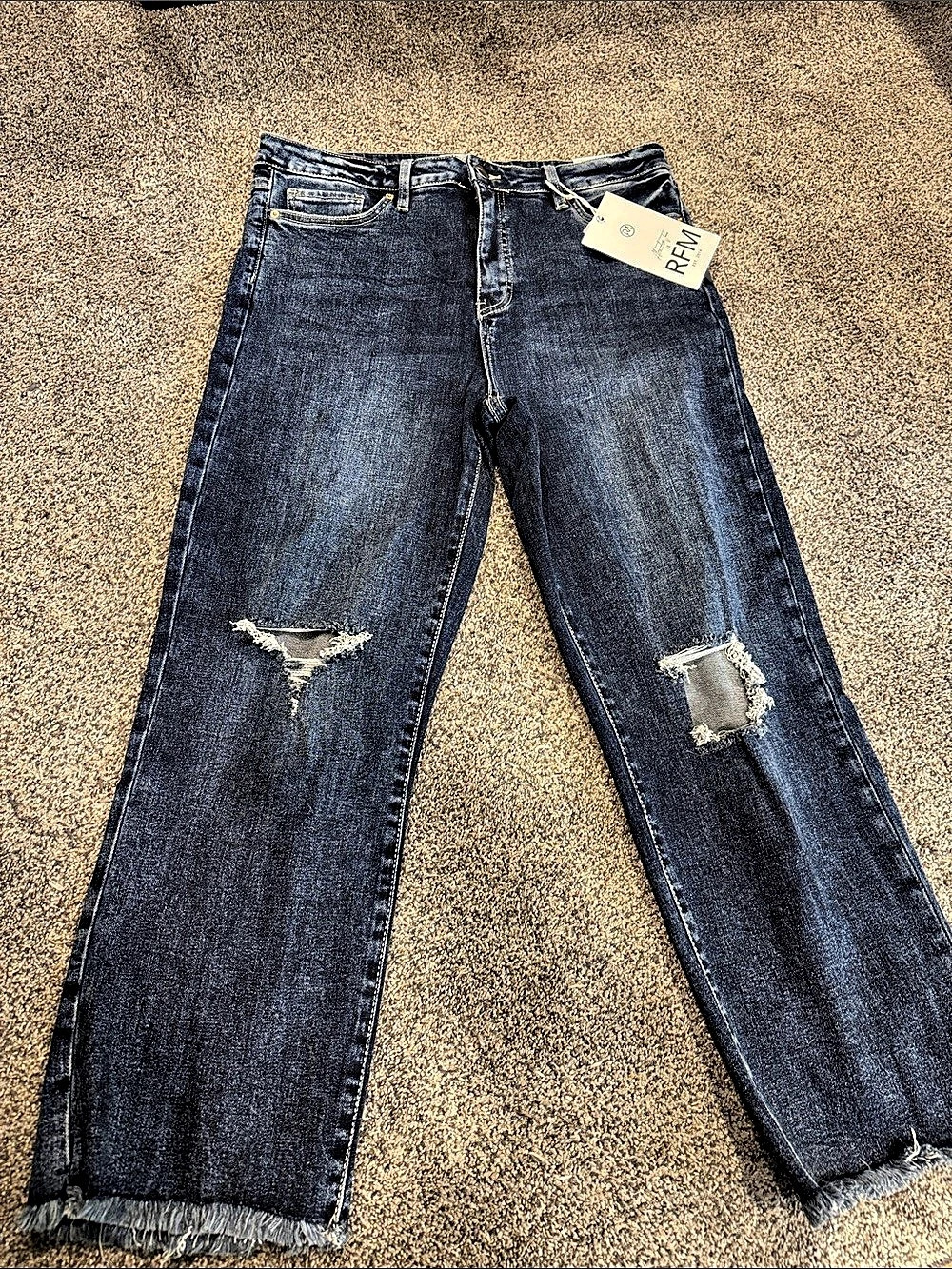 cropped RFM Straight Distressed Leg Jeans in Blue Waist 13/31 NWT